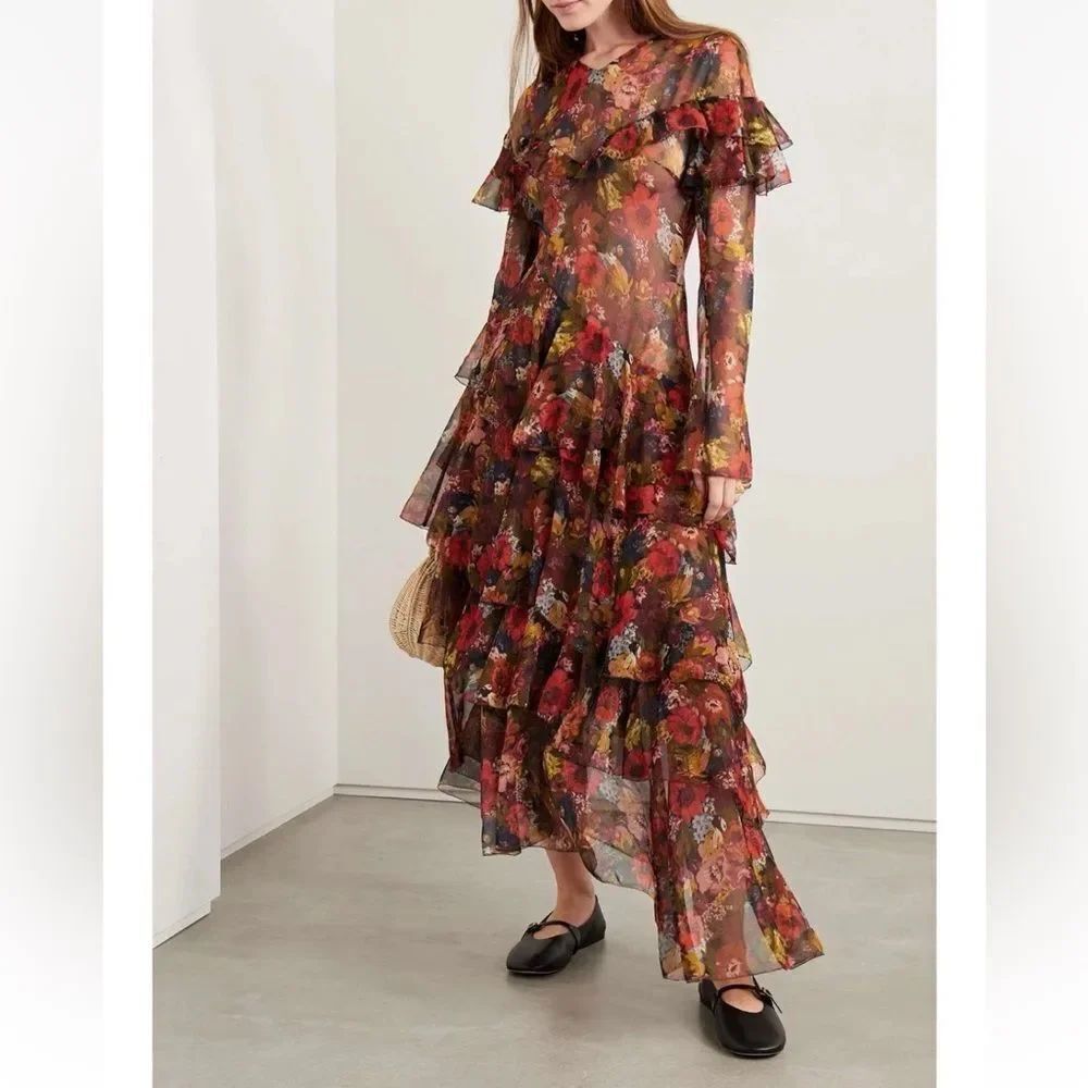 DOEN Alouette Silk Sheer Layered Dress Floral Print Multicolored Ruffles Sz XS